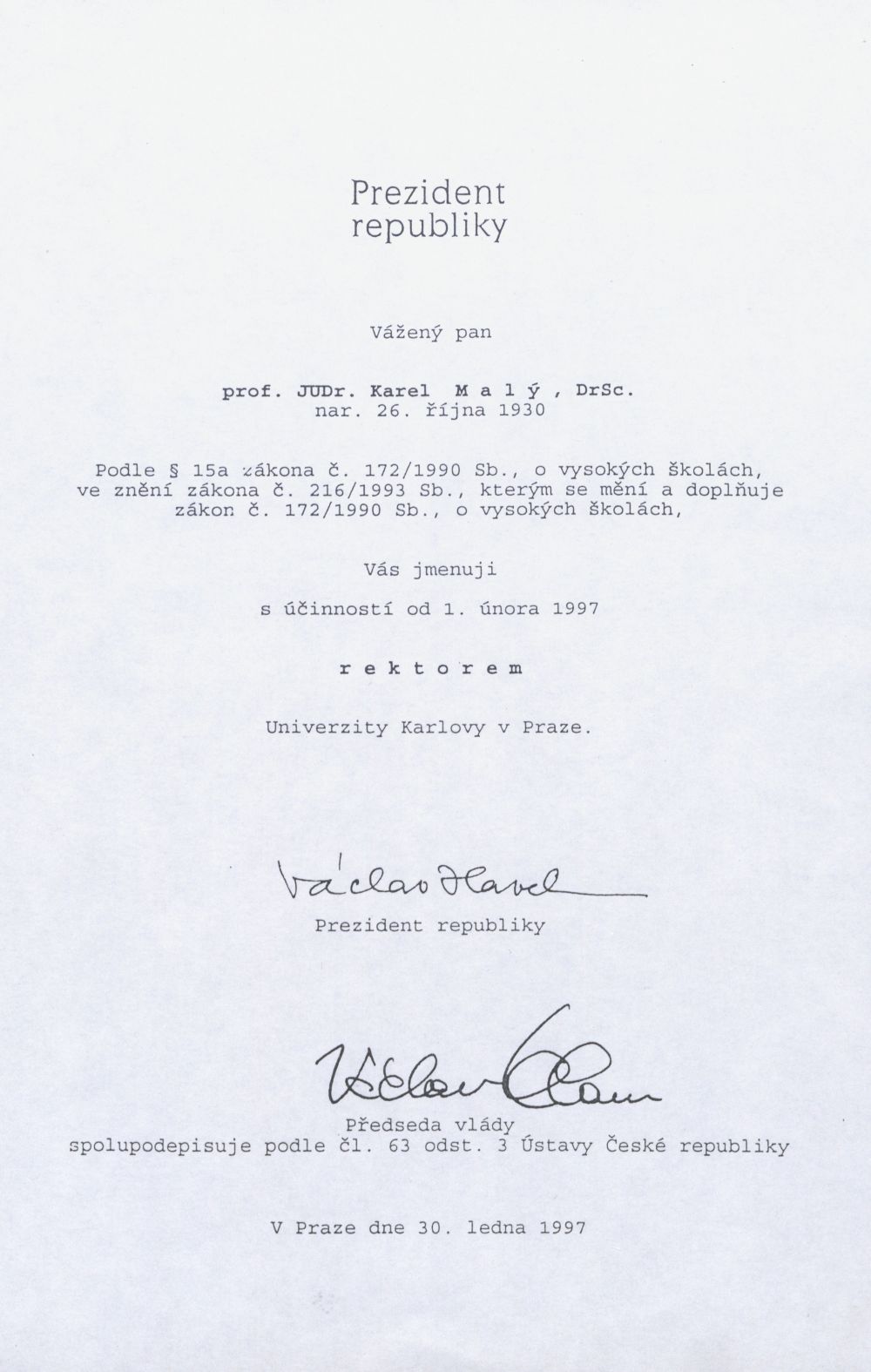 Jmenovani rektor Maly